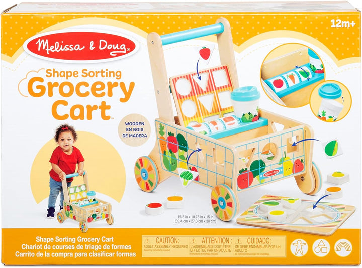 Wooden Shape Sorting Grocery Cart Push Toy and Puzzles - Pretend Play Grocery Toys, Sorting and Stacking Toys for Infants and Toddlers Ages 1+ - Fsc-Certified Materials