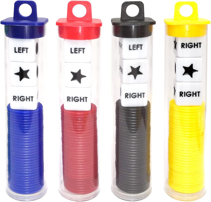 Left Right Center Dice Game Prime Set Bundle with 3 Dices + 36 Chips. round Tube Storage Is Very Convenient for Travel. Easy to Store, Carry Around. (Blue)