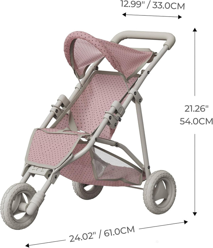 Doll Jogging-Style Stroller with Canopy, Storage Underneath, Pink and Cream and Gray