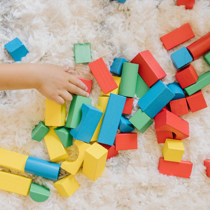 Wooden Building Blocks Set - 100 Blocks in 4 Colors and 9 Shapes - FSC Certified