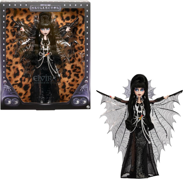 Doll, Elvira, Mistress of the Dark Collectible in Black Faux Leather Dress with Silvery Batwing Cape and Premium Accessories