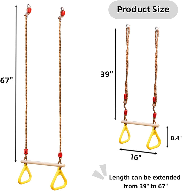 Trapeze Bar, 16" Adjustable Height Wooden Swing Set for Kids, Trapeze Climbing Bar Assembly with Rings, Gym Hanging Accessories Playground Attachments