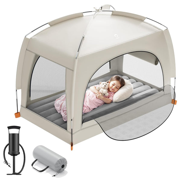 Inflatable Toddler Travel Bed with Tent – Lightweight Blow up Kids Air Mattress with Hand Pump – Indoor & Outdoor Portable Sleeping Solution for Camping, Travel, Home, Grandma’S – Ages 3+