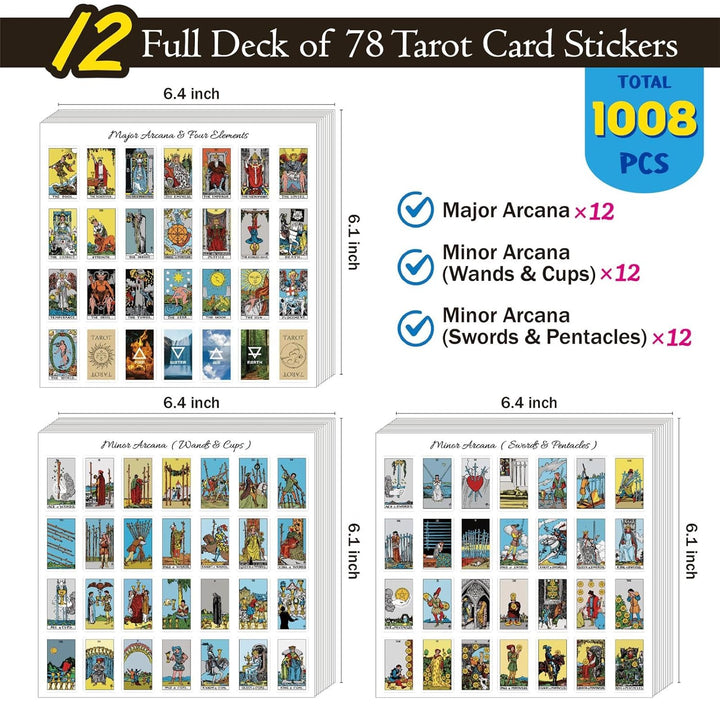 Mini Tarot Stickers for Journaling - 1008 PCS Tarot Card Stickers Based on Rider Waite Tarot Deck - 1.25" X 0.78" - Clear Printing & Glossy Finish – 4 Tarot Cheat Sheets Included