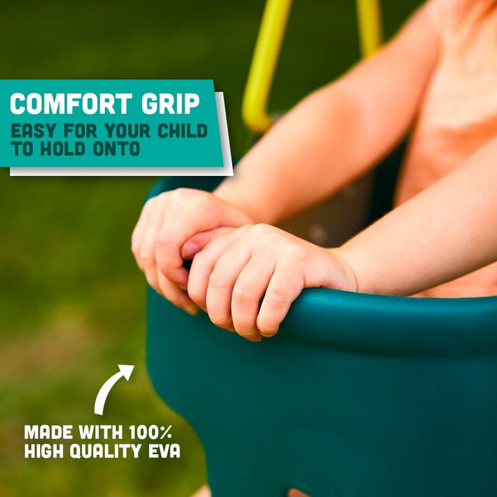 Premium High Back Full Bucket Toddler Swing Seat with Finger Grip, Plastic Coated Chains and Carabiners for Easy Install - Green -