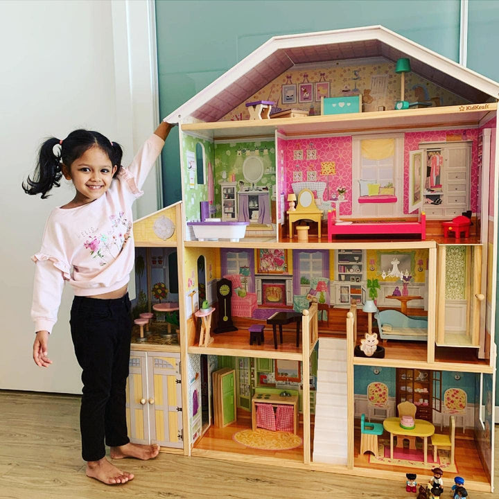 Majestic Mansion Wooden Dollhouse with 34-Piece Accessories, Working Elevator and Garage, Gift for Ages 3+