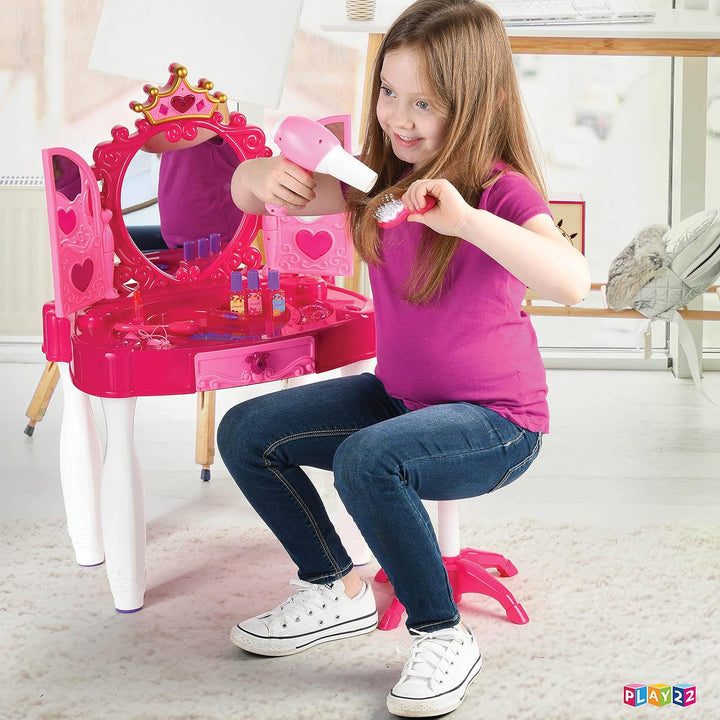 Pretend Play Girls Vanity Set with Mirror and Stool 21 PCS - Kids Makeup Vanity Table Set with Lights and Sounds - Includes Fashion Hair & Makeup Accessories