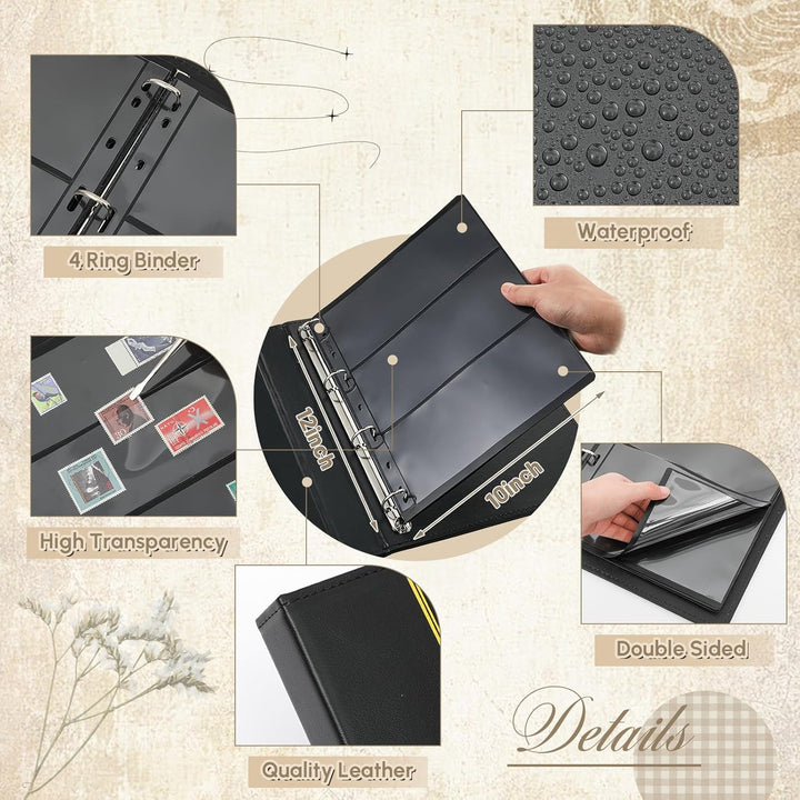 Stamp Collecting Albums Set Stamp Collection Book Include 20 Pages Album Binder Tweezer and Loop Magnifier Collecting Supplies for Collectors(Black,1/2/3/4 Rows)