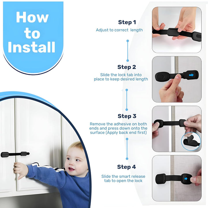 3M Adhesive Child Safety Strap Locks by , Baby Latches for Cabinets, Dishwashers, Fridges, Ovens and Trash Cans, Stain Free Toilet Lock (6 Safety Latches)