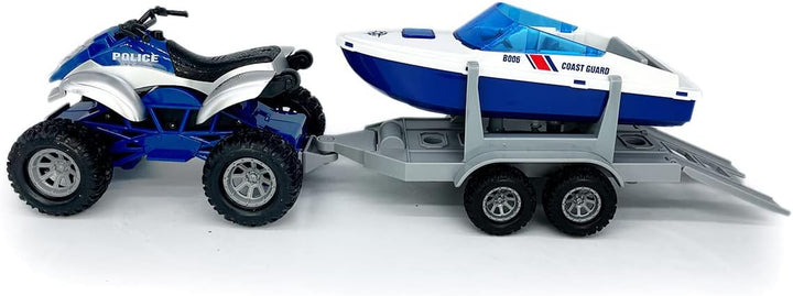 Large ATV Toy with Trailer Speedboat Tow Truck Flatbed Transport Police Motorcycle Toy Vehicle 2 in 1 Playset, Light Sound, Toys Trucks for Boys 3 4 5 6 7 Years Old Kids Toddlers Birthday Gifts, Blue