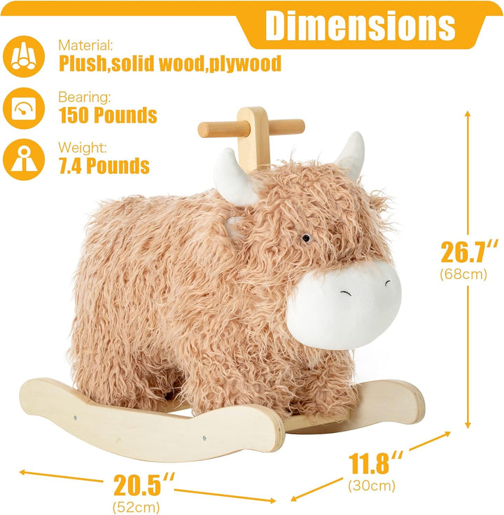 Baby Rocking Horse for 1 Year Old,Wooden Cow/Yak Horse Rocking with Wicker Plush Wooden Ride on Toy for 2 Years Old Girl&Boy Nursery Birthday Gift
