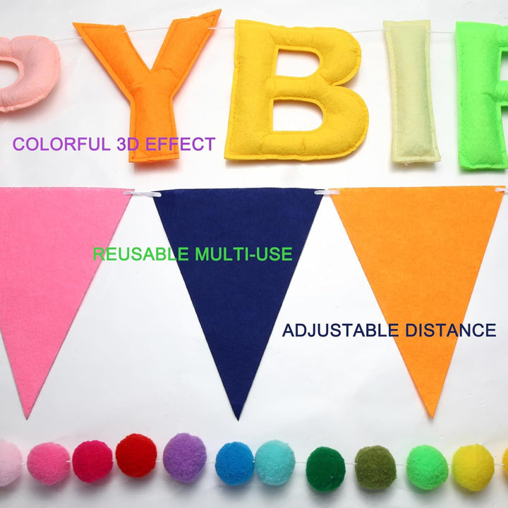 Pre-Strung Happy Birthday Banner - Felt Ball Garland HAPPY BIRTHDAY Pennant, Multicolor Bunting String Triangle Flags Bulk Rainbow Bunting
