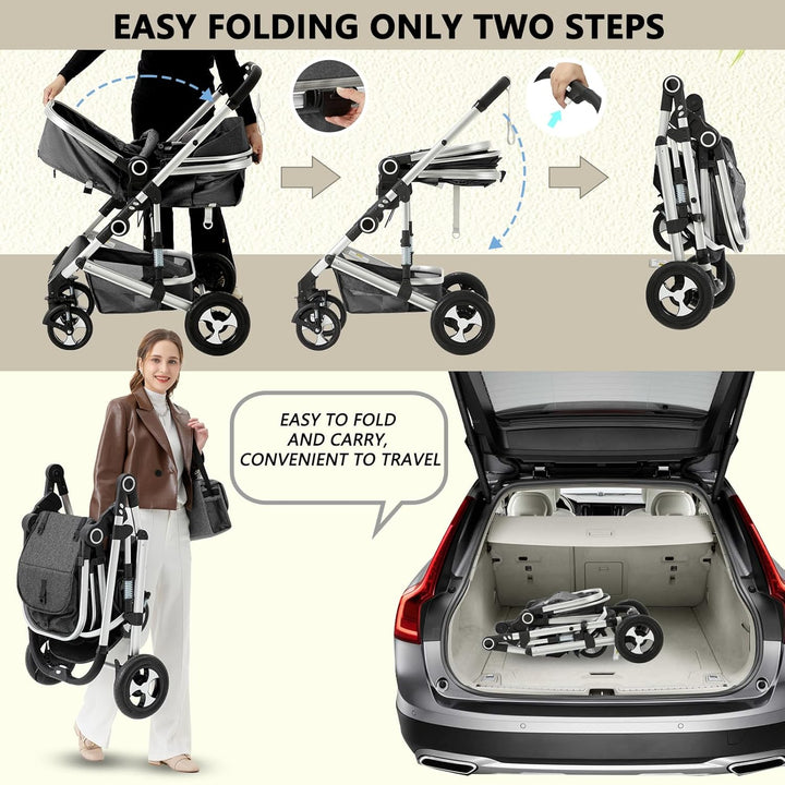 2 in 1 Convertible Baby Stroller, Folding High Landscape Infant Carriage, Newborn Reversible Pram, Diaper Bag, Anti-Shock Toddler Pushchair Stroller, Dark Grey