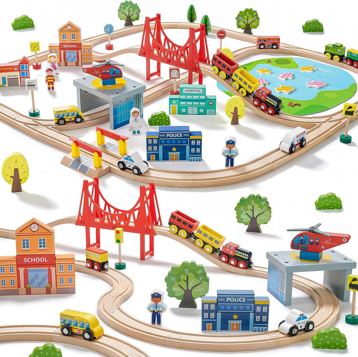 110PCS Wooden Train Set – Toy Train with Tracks for Kids Ages 3-7, Compatible with Major Brands, Ideal Railway Playset for Boys and Girls, Great Birthday