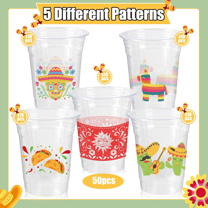 50Pcs Fiesta Cups,12Oz Plastic Disposable Clear Mexican Cups with 5 Pattern Designs for Cinco De Mayo Drinkware Party Supplies Taco Birthday Party Decorations
