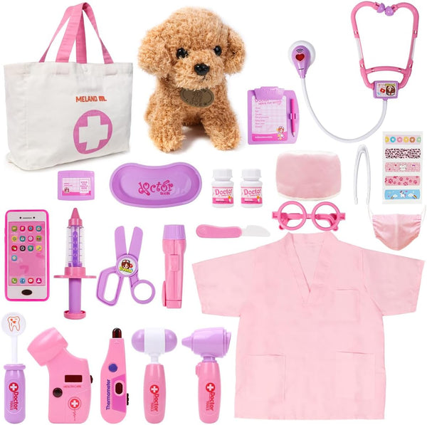 Toy Doctor Kit for Girls - Pretend Play Doctor Set with Dog Toy, Carrying Bag, Stethoscope Toy & Dress up Costume - Doctor Play Gift for Kids Toddlers Ages 3 4 5 6 Year Old for Role Play