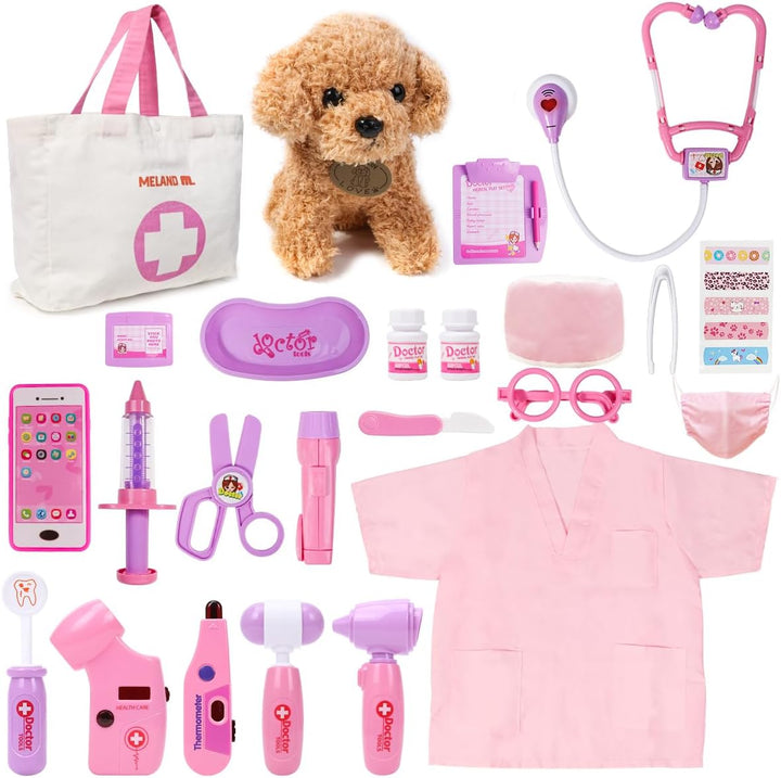 Toy Doctor Kit for Girls - Pretend Play Doctor Set with Dog Toy, Carrying Bag, Stethoscope Toy & Dress up Costume - Doctor Play Gift for Kids Toddlers Ages 3 4 5 6 Year Old for Role Play
