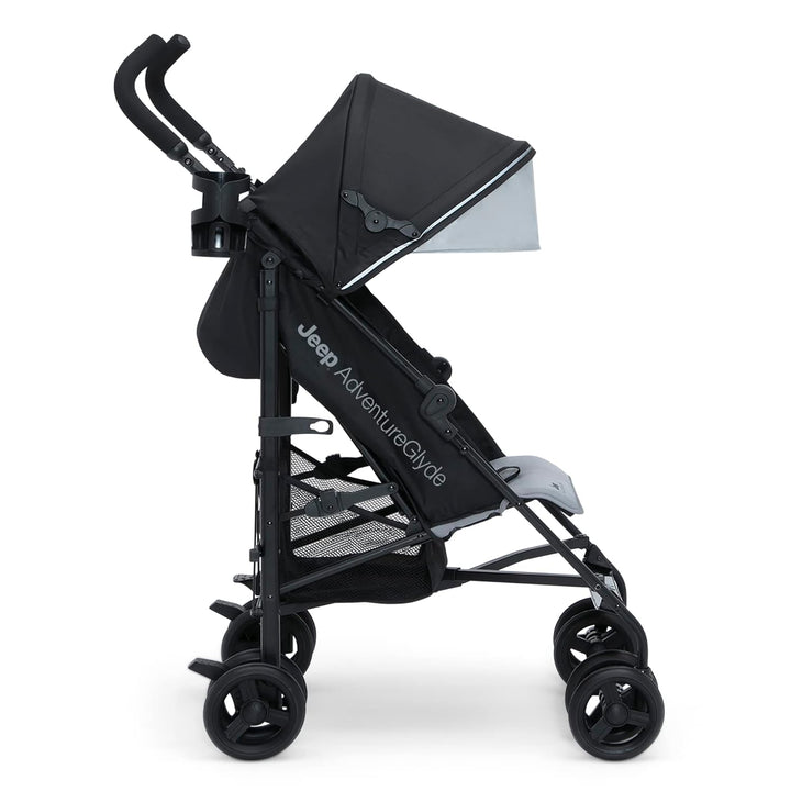 Jeep Adventureglyde Stroller by  - Lightweight Travel Stroller with Smoothest Ride & Compact Fold, 3-Position Recline, Extra Large Storage Basket, Black/Grey