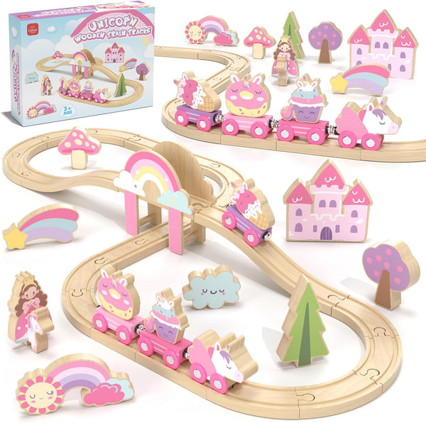 Wooden Train Set, Train Set for Toddlers 2-4, Wooden Train Track for Girls, Unicorn Toys for Girls Age 4-6, Toys for 3 4 5 6 Year Old Girl