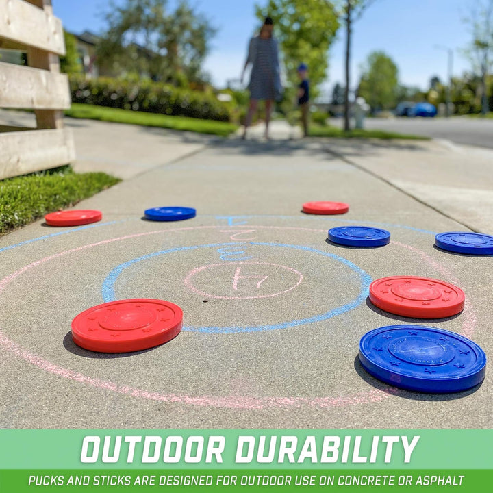 Driveway Shuffleboard Game Set - Includes 2 Shuffleboard Cue Sticks, 8 Pucks, 2 Pieces of Chalk