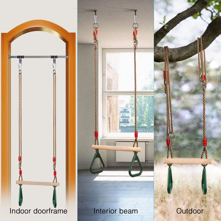 Playground Children'S Wooden Trapeze Swing Bar with Plastic Gym Rings Swing Set for Indoor & Outdoor Fun