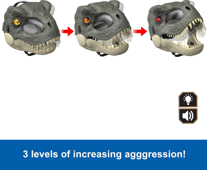 Jurassic World Rebirth T-Rex Rage N Roar Mask with LED Light up Eyes, Blink Action with 3 Level Aggression Effect, Dinosaur Costume Headgear Toy
