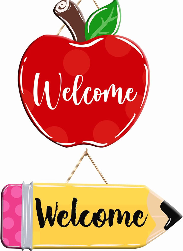 Back to School Welcome Sign Cute School Pencil Wooden Hanging Decoration Welcome Back to School Door Hanger for Teacher Student Classroom Front Porch