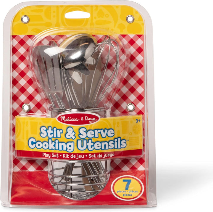 Stir and Serve Cooking Utensils (7 Pcs) - Stainless Steel and Wood