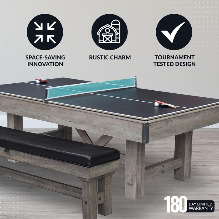 Logan 7-Ft Pool Table Combo Set with Benches - Rustic Gray with Blue Felt, Barnwood