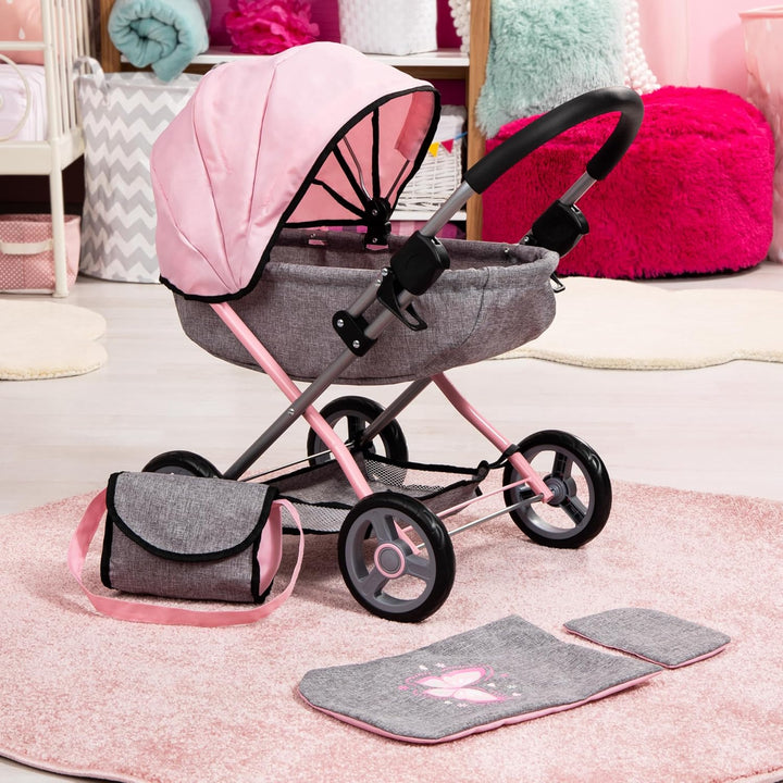 : 4-In-1 Toy Baby Doll Pram Stroller Cosy Set - Dolls up to 18" (Pink/Grey) | Baby Dolls | Pretend | Dress up | Accessory