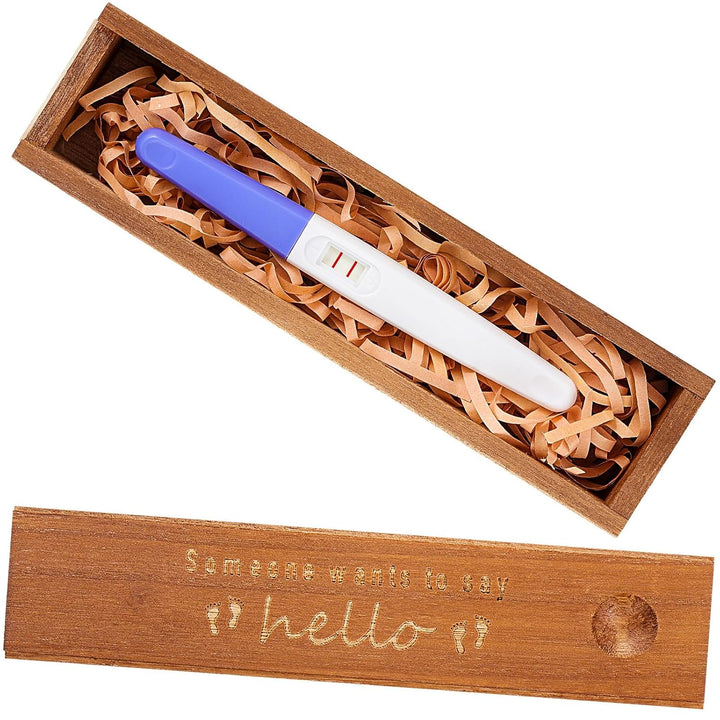 Pregnancy Test Keepsake Box Surprise Pregnancy Announcement Box Wooden Baby for Husband Grandparents Baby Memory Souvenir Collection Case with Raffia Ribbon(Classic)