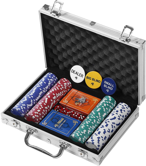 Professional Poker Set W/ Hard Case, 2 Card Decks, 5 Dice, 3 Buttons - 200 Chips