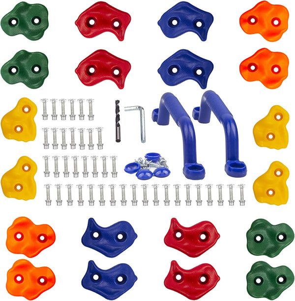 20Pc Rock Wall Climbing Holds Kids & Prise Escalade Enfant, Colourful Pig Nose Shape Climbing Set with Two Blue Handles for Indoor Outdoor Playground Playset Building