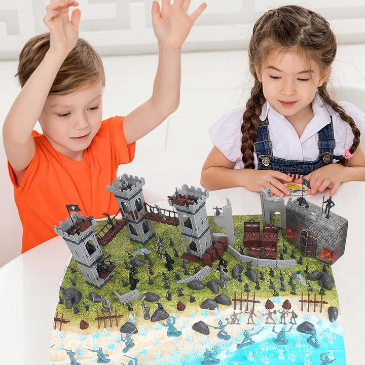 Army Men Action Figures Toy Soldiers Set, Medieval Castle Small Soldiers Military Toy, Plastic Army Men Playset Castle Building Set with Storage Bag and Map