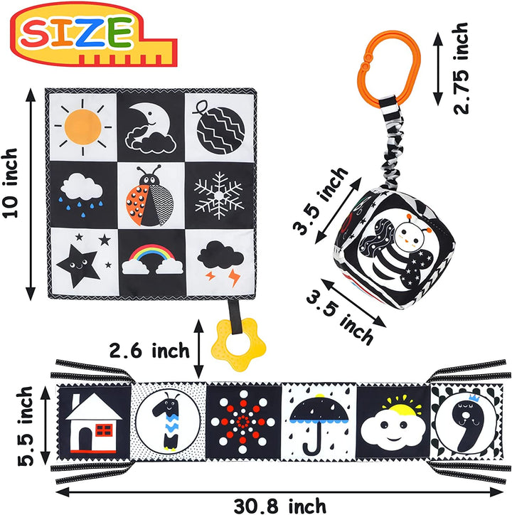 3 PCS Black and White High Contrast Baby Toys Newborn Toys 0-6 Months, Visual Stimulation Sensory Soft Book, Infant Tummy Time Toys 0-3-6 Months Baby Gifts
