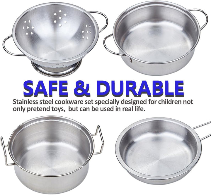 Play Pots and Pans Sets for Kids, Stainless Steel Cookware Toys Gift Set for Christmas, Pretend Play Kitchen Accessories, Role Play Educational Toys for Kids Toddlers Boys Girls