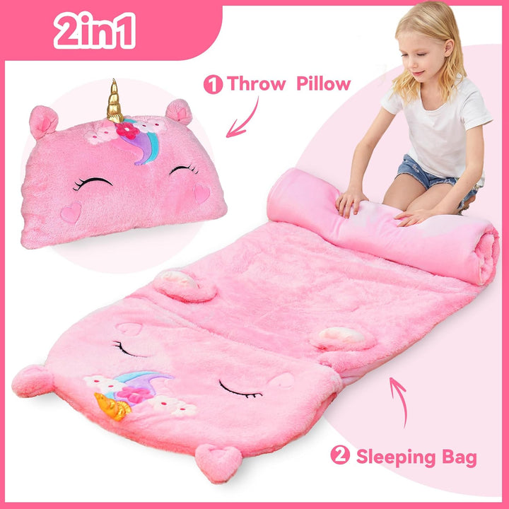 Kids Unicorn Sleeping Bag, Toddler Girl Nap Mat, Plush Animal Slumber Bag 2 in 1 Pink Pillow Daycare Preschool Kindergarten Birthday Gift Travel Sleepover 3 4 5 6 7 8 10 12 Yr Child Teen