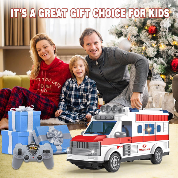 1/30 Remote Control Ambulance, 2.4G RC Play Ambulance Car Toy 4 Channel Electric Ambulance Vehicles Emergency Rescue Cars with Lights, Opening Door, Gifts for Kids Boys Girls Age 3 4 5 6 7
