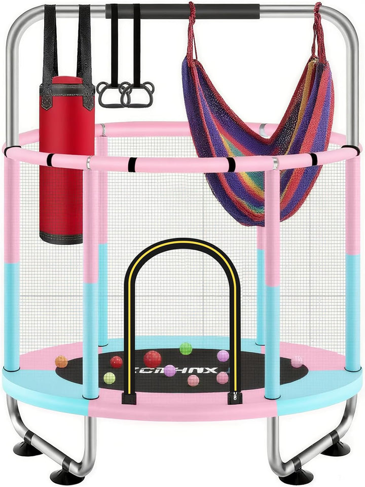 Trampoline 55IN 6FT Toddler Trampoline for Kids Indoor Outdoor Play for Kids Trampoline Basketball Hoop Attachment with Enclosure Net Easy to Assemble Outdoor Indoor Trampoline