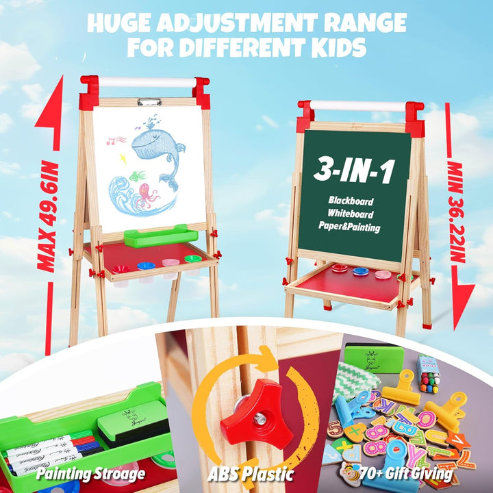 Kids Wooden Easel with Paper Roll - Adjustable Magnetic Double Sided Drawing Board Whiteboard & Chalkboard Dry Easel Board, Children Art Easel for 3~12 Years Kids Boys Girls Painting Drawing