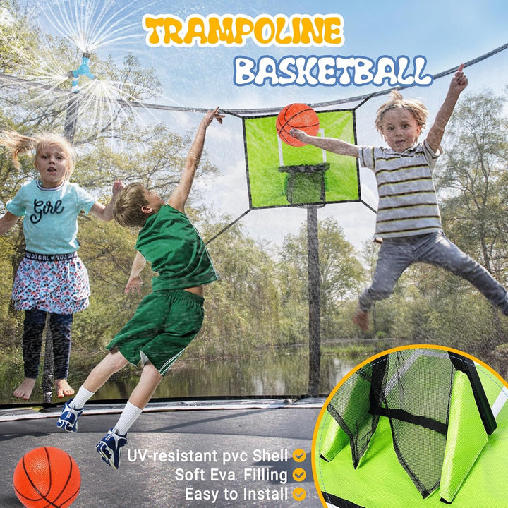 Trampoline Accessories Kit Kids, Trampolin Sprinkler/Basketball Hoop/50Ft Solar Lights, Fits 8 10 12 14 15 16FT Trampoline Outdoor with 3 Mini Basketballs, Non-Damaging to Net, Features 8 Light Modes