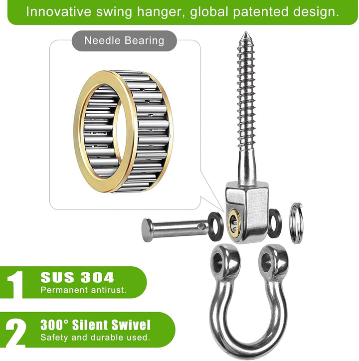 Heavy Duty Swing Hangers with Bearings, 2-Pack - Stainless Steel Porch Swing Hardware for Patio & Playground, Quiet Swivel Hooks - Indoor/Outdoor Heavy Duty Swing Hardware, 1500LB Capacity