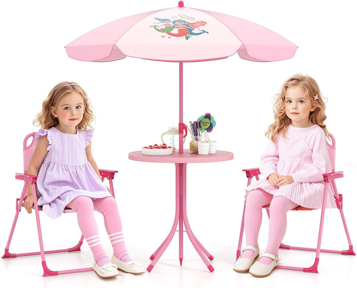 Kids Picnic Table, Animal Themed Toddler Outdoor Table and Chair Set, 2 Folding Chairs & Removable Umbrella, Children Outdoor Furniture for Backyard Patio Garden (Pink Mermaid)