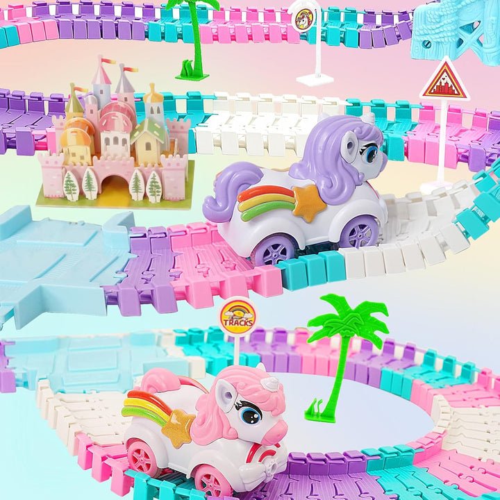 242PCS Uicorn Race Tracks for Kids Ages 4-8,Flexible Car Track Set Princess Toys Birthday Gifts for 3 4 5 6 Year Old Girls and Toddlers