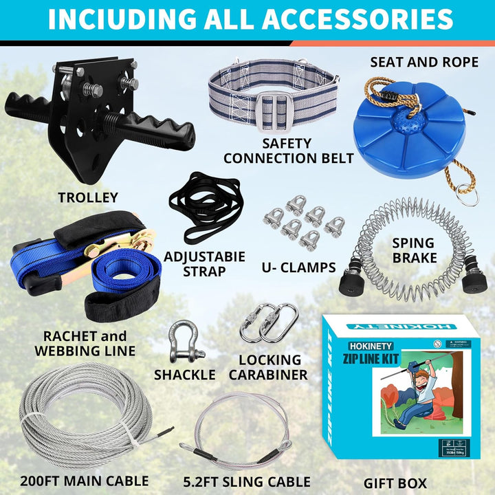Zip Line Kit for Kids Adults : up to 450Lbs 200FT Quick Setup Zipline for Backyard Outdoor with 100% Rust Proof Removable Trolley Swing Seat Safety Harness Spring Brake