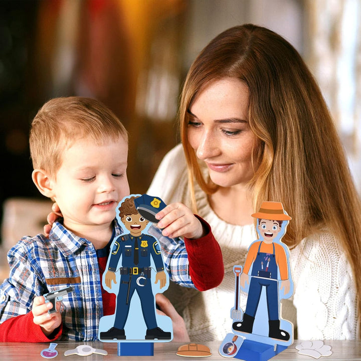 Wooden Magnetic Dress up Dolls Pretend Play Set 40+ Pcs Occupations Community Helpers Matching Games Fridge Magnets for Toddlers Preschool Learning Toys Boys Birthday Gifts