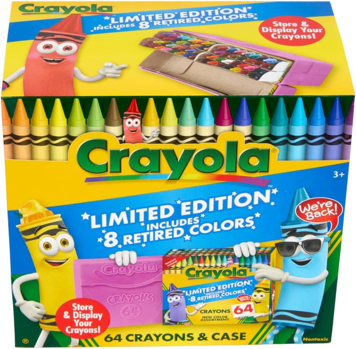 Crayon Box (64 Count), with Limited Edition Colors & Plastic Case, Arts & Crafts Coloring Supplies for Kids, Back to School Essentials, Ages 3+