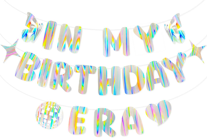 Iridescent Happy Birthday Banner, 9Ft Pre-Strung Holographic Birthday Decorations Vibrant Party Sign with Aurora, Rainbow Effects