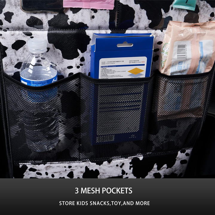 Cow Print Car Seat Back Kick Protectors,2 Pack Kick Mats with Storage Pockets,Car Accessorise(Cow Print)