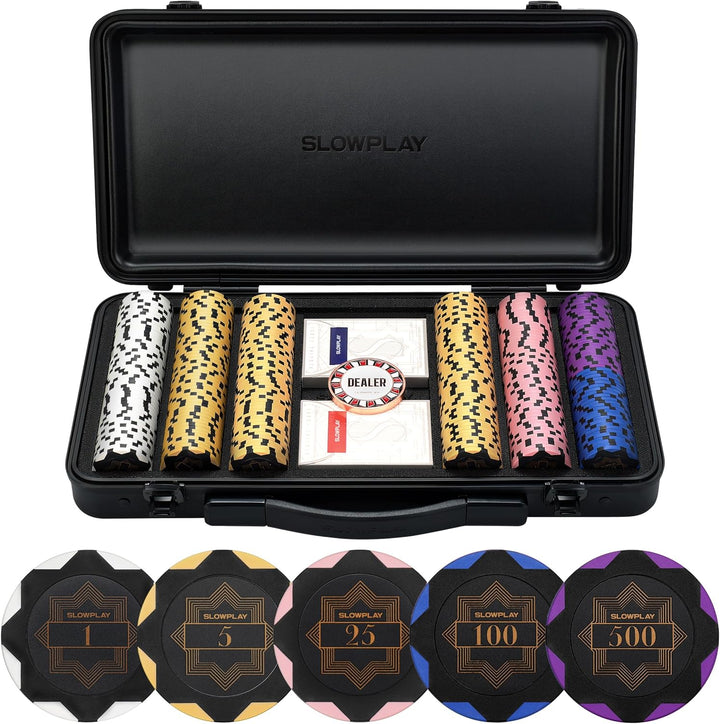 14G Clay Poker Chips Set for Texas Hold'Em, 500 PCS, with Numbered Values, Art Deco Style, and Carrying Case